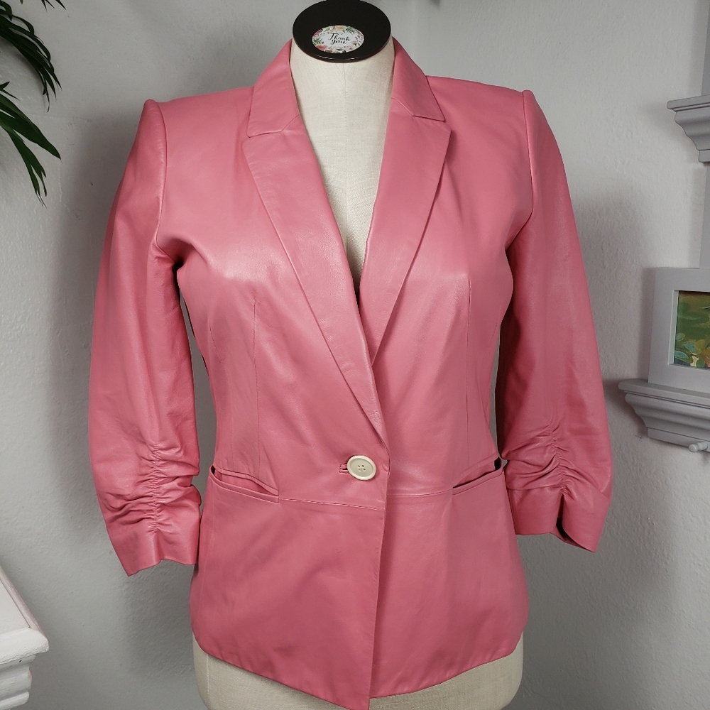 Lafayette Pink Leather w/ Ruched 3/4 Sleeves - Barbiecore Preppy Coastal 10